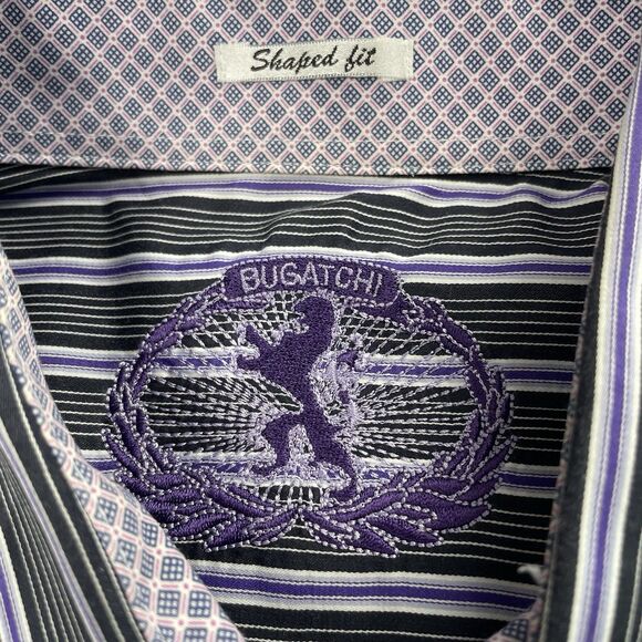Bugatchi Uomo Mens Striped Long Sleeve Button Up Black Purple Shirt-L - Picture 5 of 12